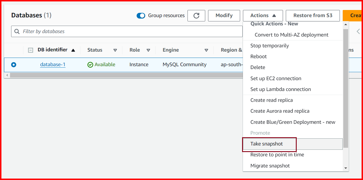 Picture showing the Take snapshot option for initiating the database snapshot